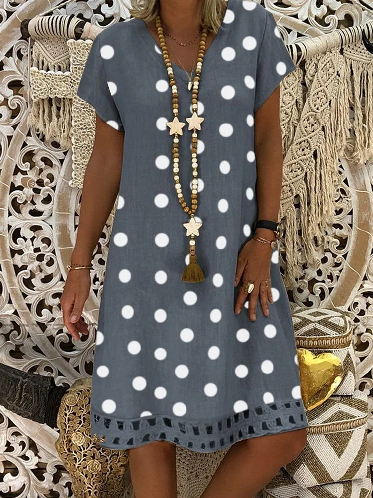 Women V-Neck Short Sleeve Hollow Polka Dot Summer Dress