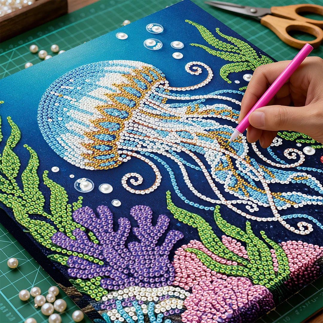 Jellyfish - DIY Pearl Diamond Art Kit With Frame 25*25cm