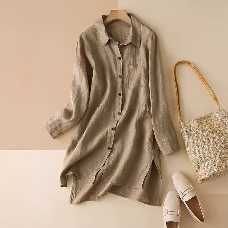 Cotton linen solid color long-sleeved loose shirt