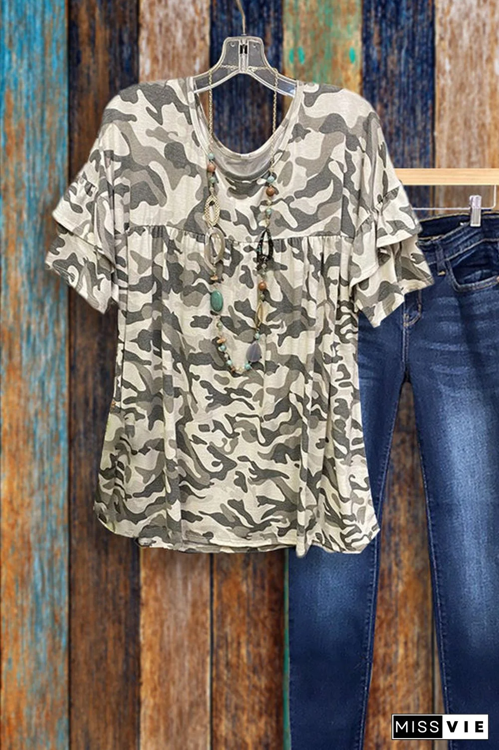 Jewel Neck Ruffle Camo T-shirt