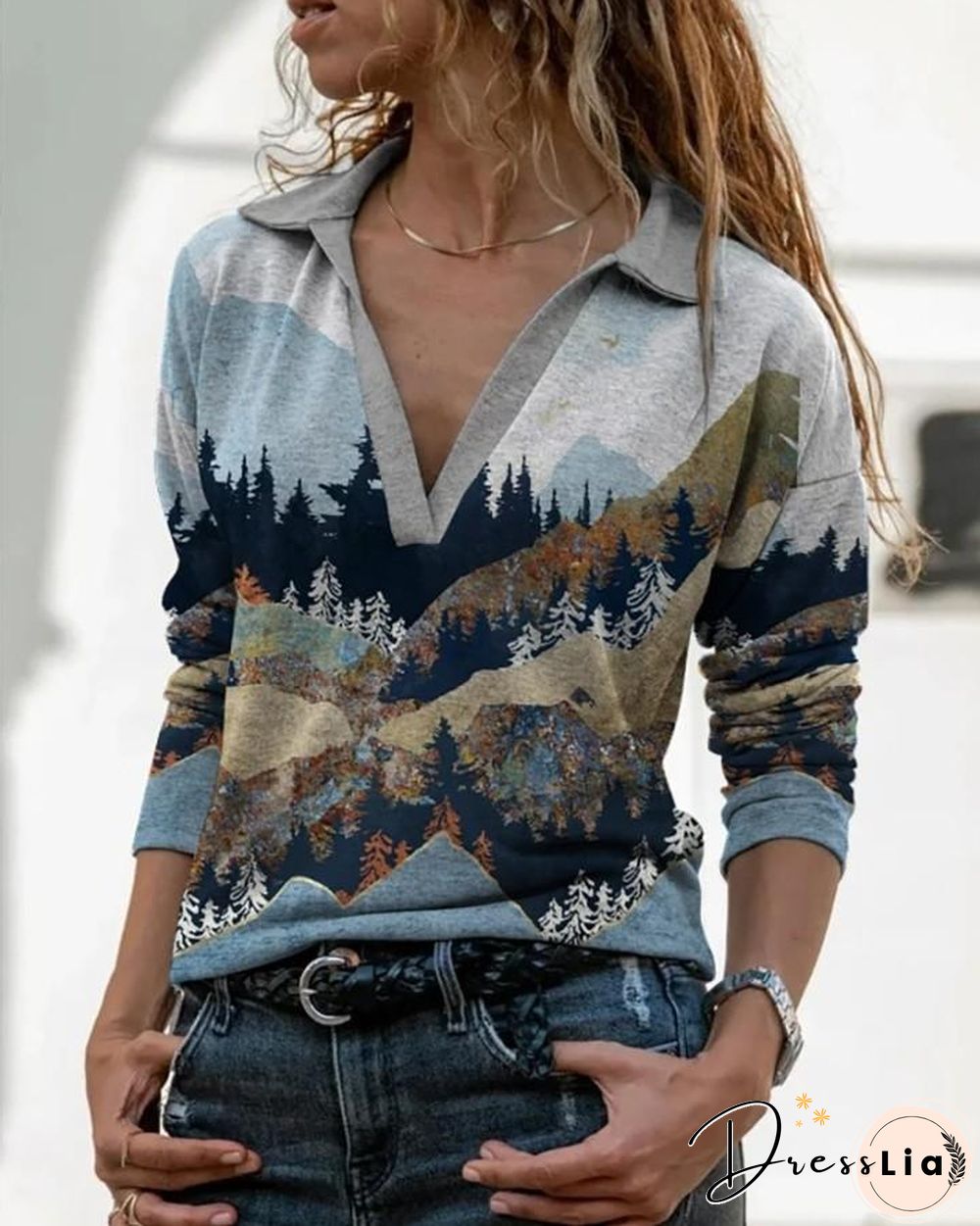 Landscape Print Long Sleeve Top P13052