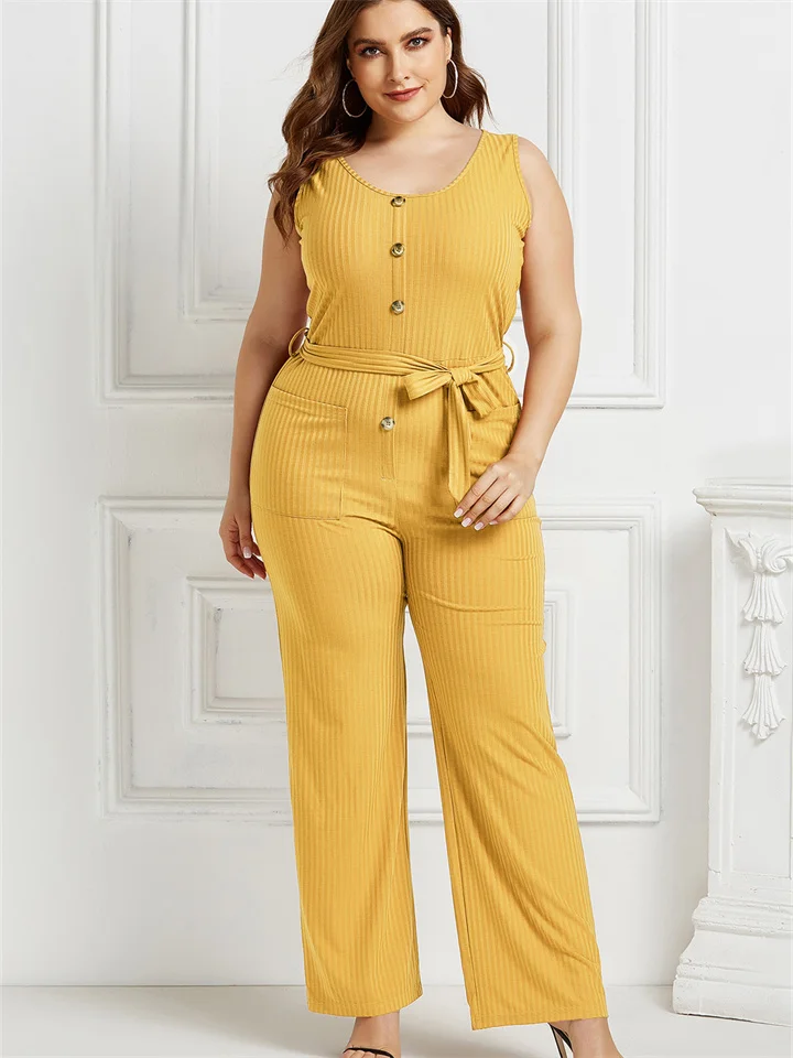 Summer Solid Color Plus Size Women's Sleeveless Button Decorated Cotton Pit Stripes Back Wide Leg Jumpsuit