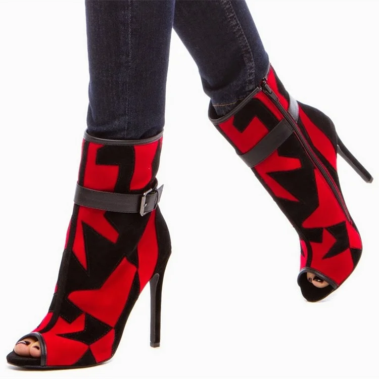 Red & Black Peep Toe Booties Vegan Suede Geometric Heeled Ankle Boots |FSJ Shoes