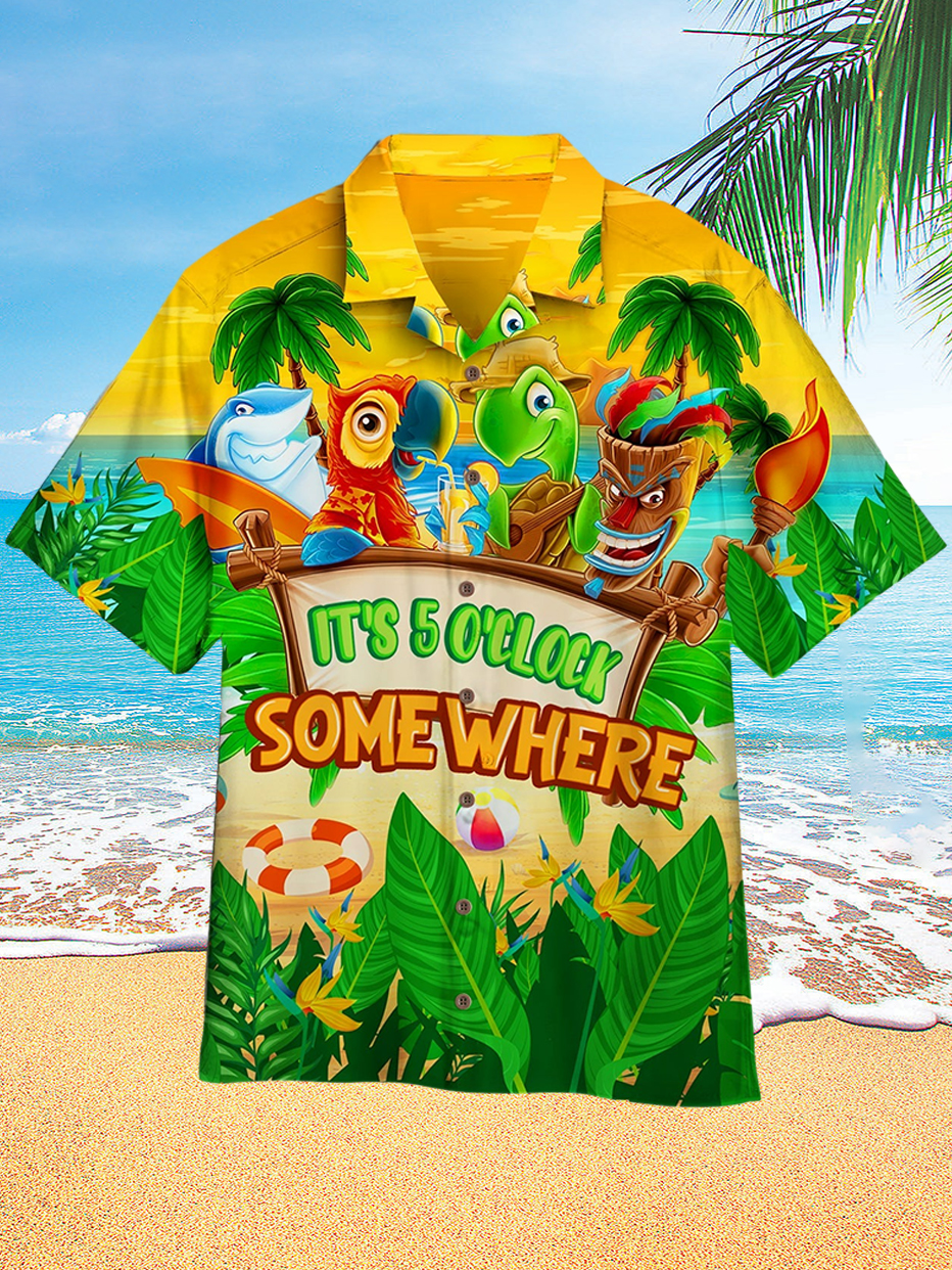 Men's Hawaiian Cartoon Fun Pattern Party Print Short Sleeve Shirt PLUSCLOTHESMAN