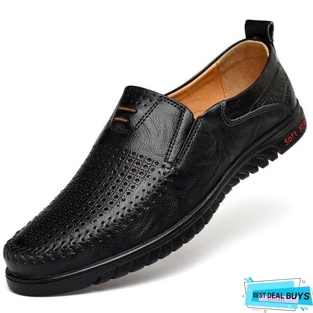 New Openwork Men Black Loafer Perforated Shoes Leather Flats Driving Shoes Business Men's Shoes