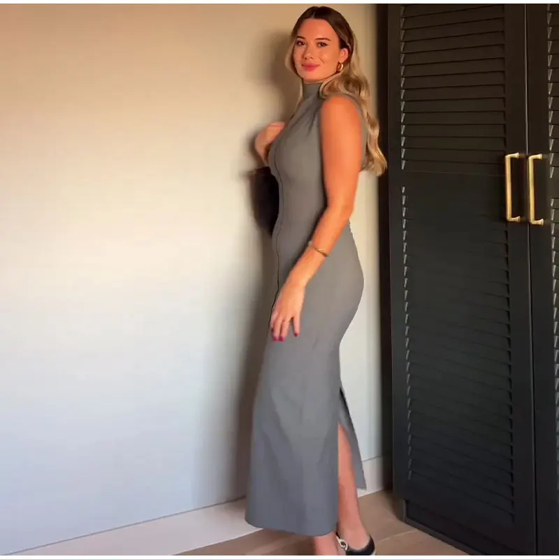 Ootddress Sleeveless Split Patchwork Long Dress Female Straight Solid Slim High Waist Zipper Maxi Dress Autumn 2025 Turtleneck Dress