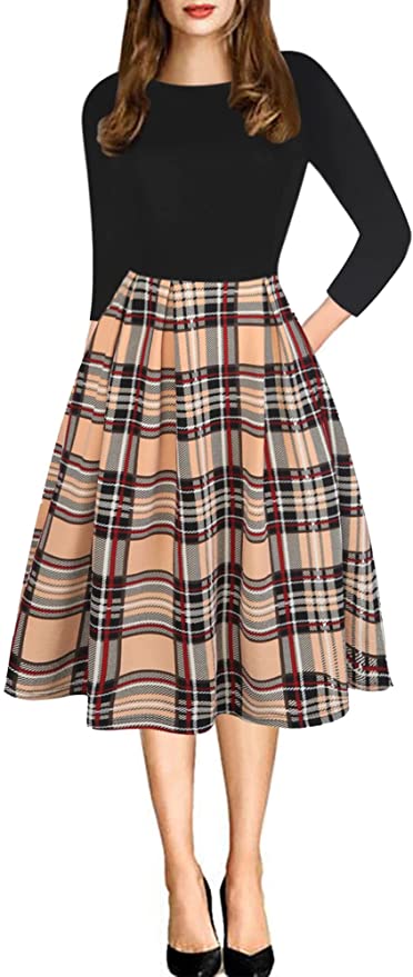 oxiuly Women's Floral Puffy Swing Party Vintage Dresses Knee Length Work Dress with Pockets OX165 (MudF Short Sleeve Amazon Money