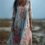 Vintage Boho Pink Roses Embroidered Lace Flowy Linen Maxi Dress - Image 2