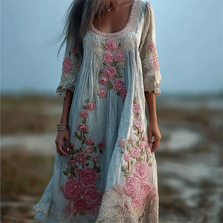 Vintage Boho Pink Roses Embroidered Lace Flowy Linen Maxi Dress