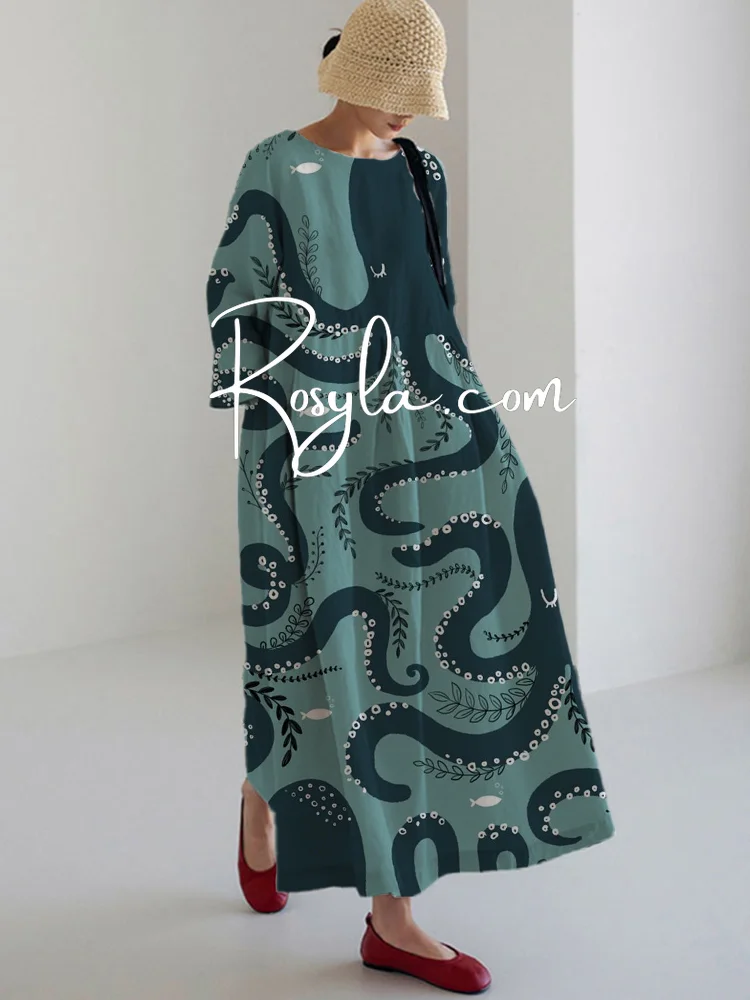 Women's Casual Deep Octopus Print Long Sleeve Midi Dress