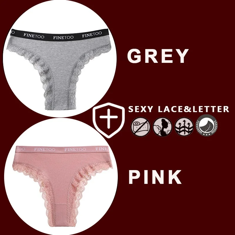 FINETOO 2PCS/Set Women's Cotton Panties Girls Letter Thongs Brazilian Pantys Sexy Lace Underwear For Woman Lingerie Bikini Panty