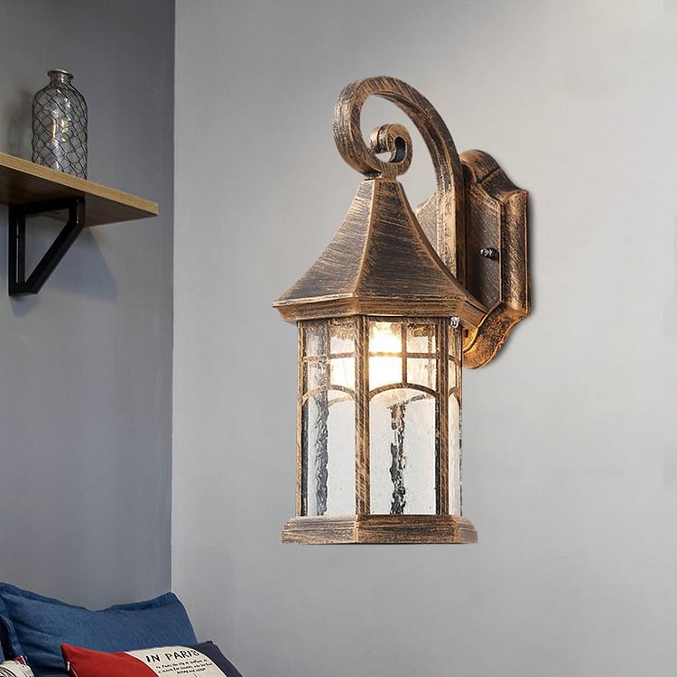 1-Bulb Clear Water Glass Sconce Farmhouse Black/Bronze Pavilion Courtyard Wall Mounted Light