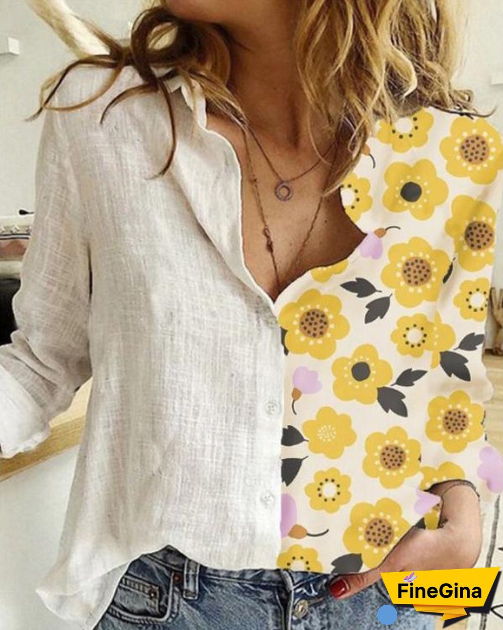 Cartoon Printed Patchwork Lapel Collar Button Long Sleeve Blouse