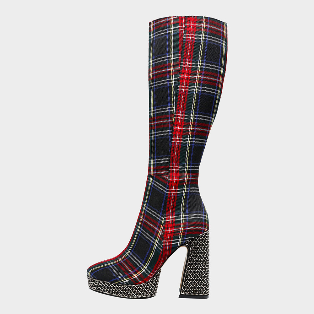Classic Tartan Round Toe Chunky Heel Platform Boots with Rhinestone Nicepairs