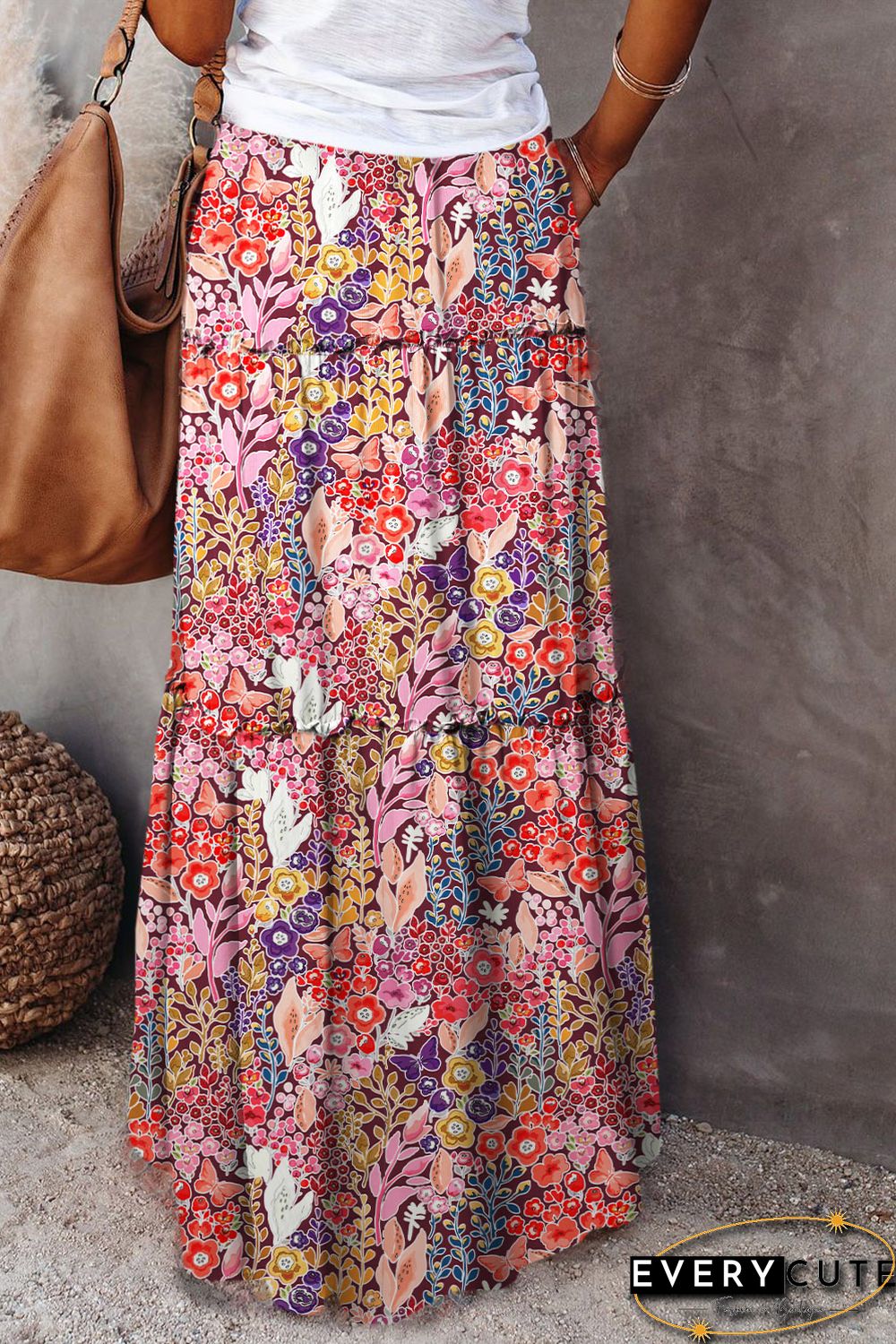 Multicolor Boho Floral Print High Waist Maxi Skirt