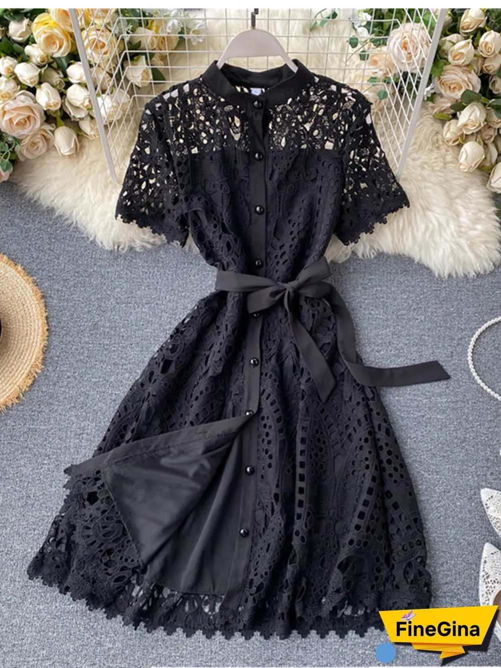 SMTHMA New Spring / Summer Runway Women's Clothings Pleated Stand Collar Short Sleeve Single Breasted Polka Dot Lace Dress