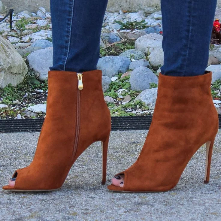 Tan Suede Peep Toe Stiletto Ankle Boots Vdcoo