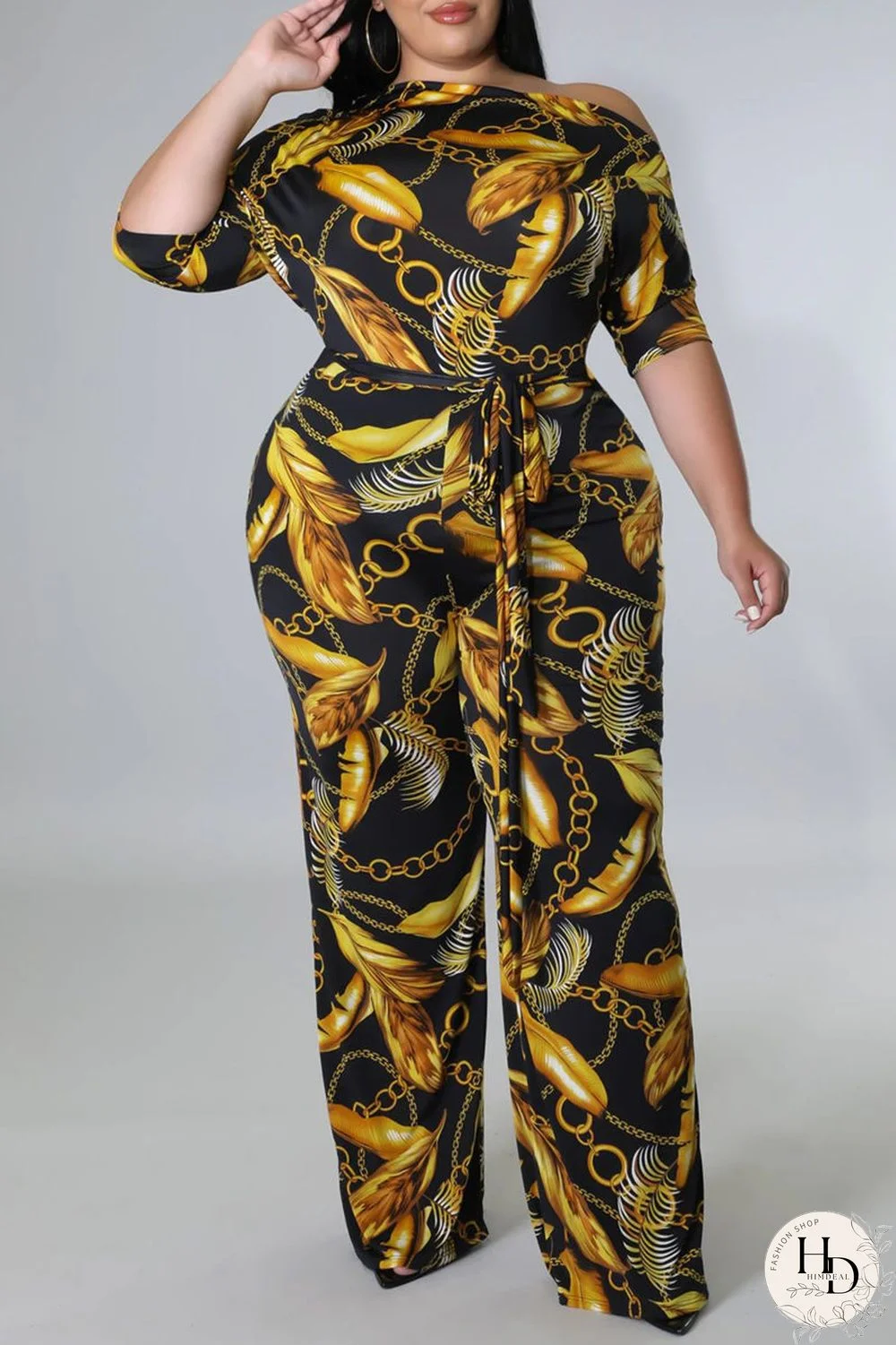 Black And White Fashion Casual Print Basic Oblique Collar Plus Size Jumpsuits