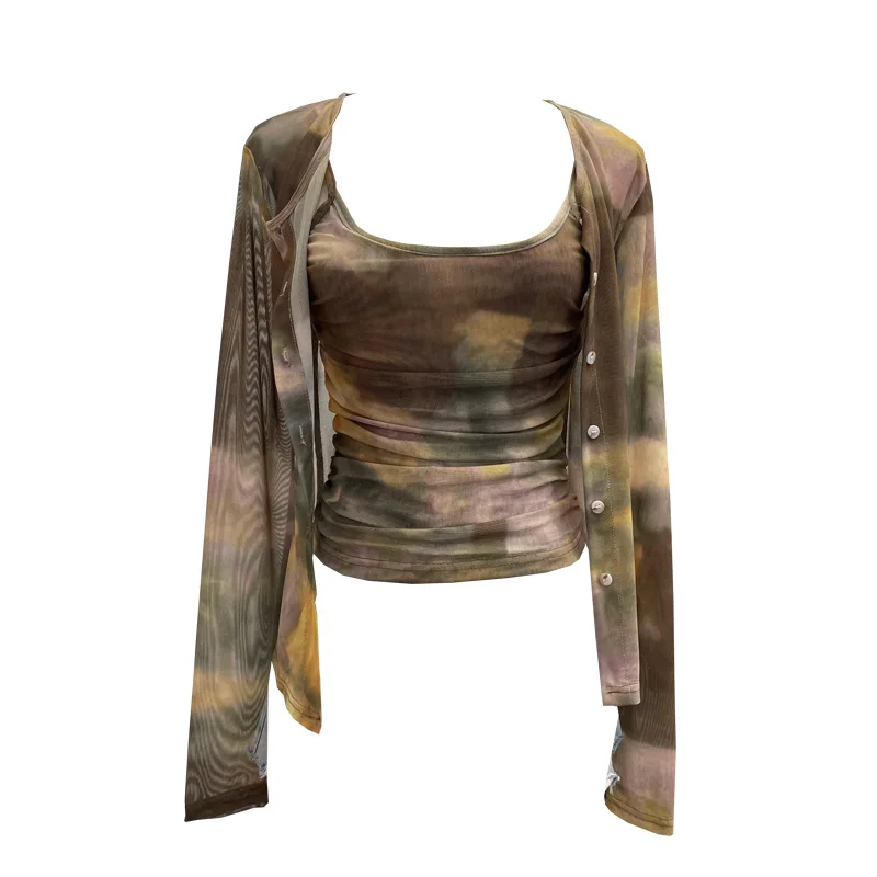 Nigikala Nigikala Babes Tie-Dye Net Yarn Sunscreen Cardigan Two Sets Of Sling Vest + Long-Sleeved Shirt Top 8056
