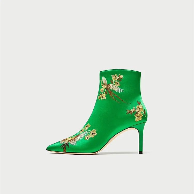 Green Floral Satin Stiletto Heeled Ankle Boots Vdcoo
