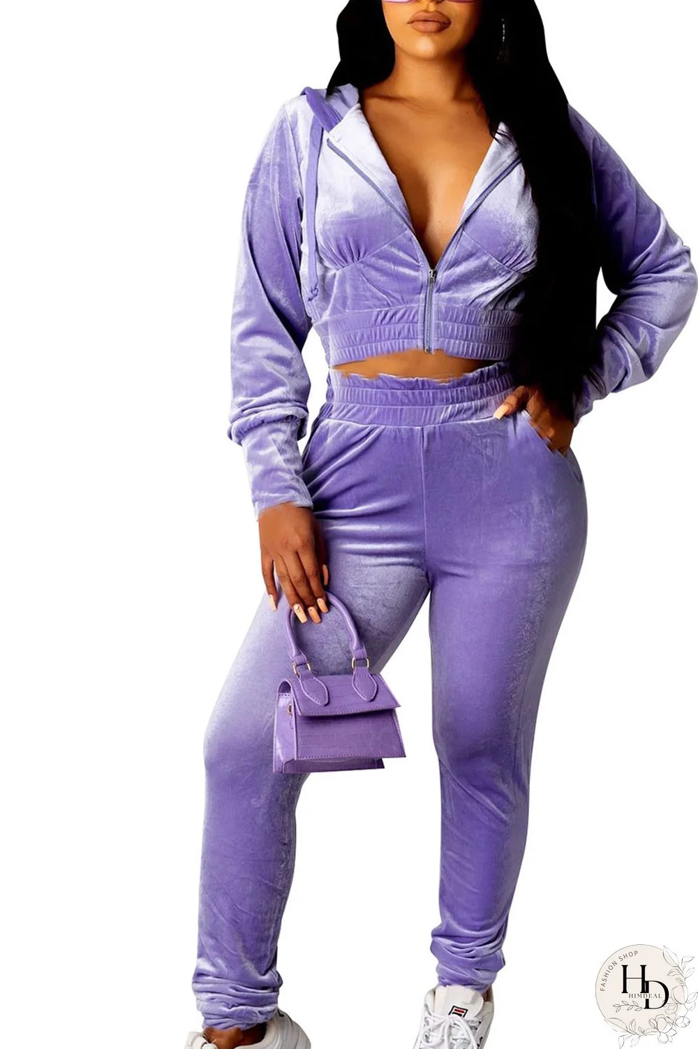 purple Street Solid Hooded Collar Three Quarter Regular Sleeve Short Two Pieces