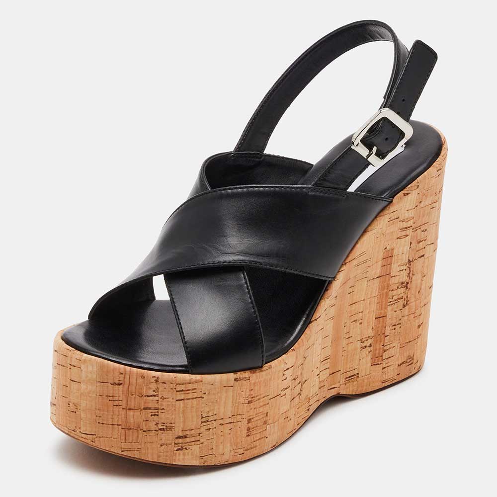 Black Vegan Leather Buckle Fastening Slingback Platform Heel Sandals Nicepairs