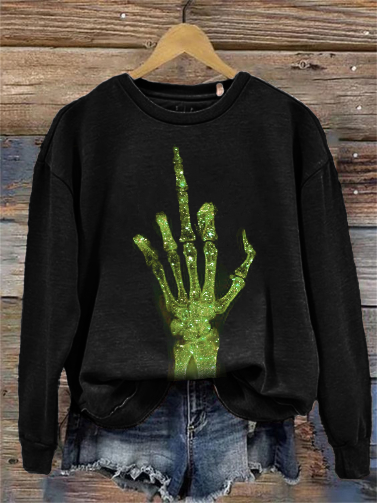 Glitter Skeleton Hand Graphic Washed Sweatshirt wearshes