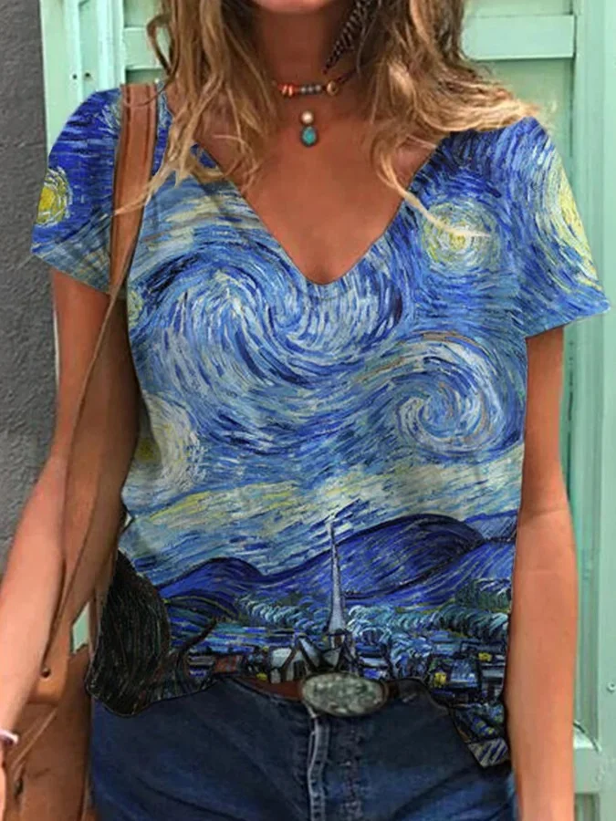 Women's World Famous Painter Starry Sky Oil Painting Short Sleeve T-Shirt