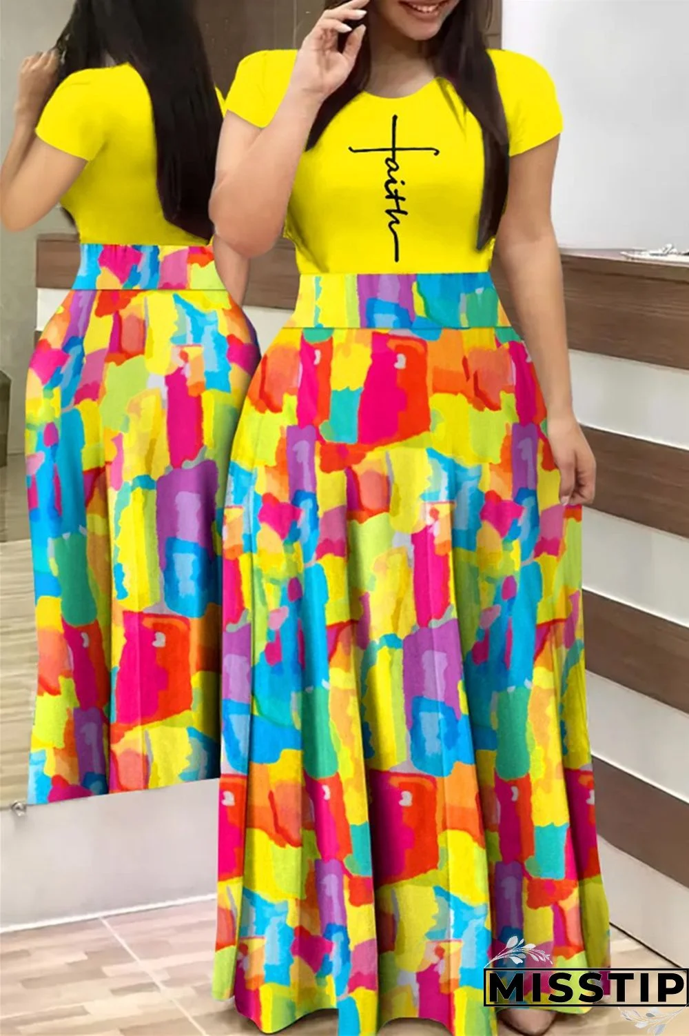 Blue Yellow Red Casual Simplicity Print Basic Printing O Neck T-shirt Dress Dresses