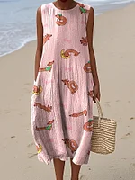 Vintage Cute Dachshund Art Print Linen Sleeveless Dress