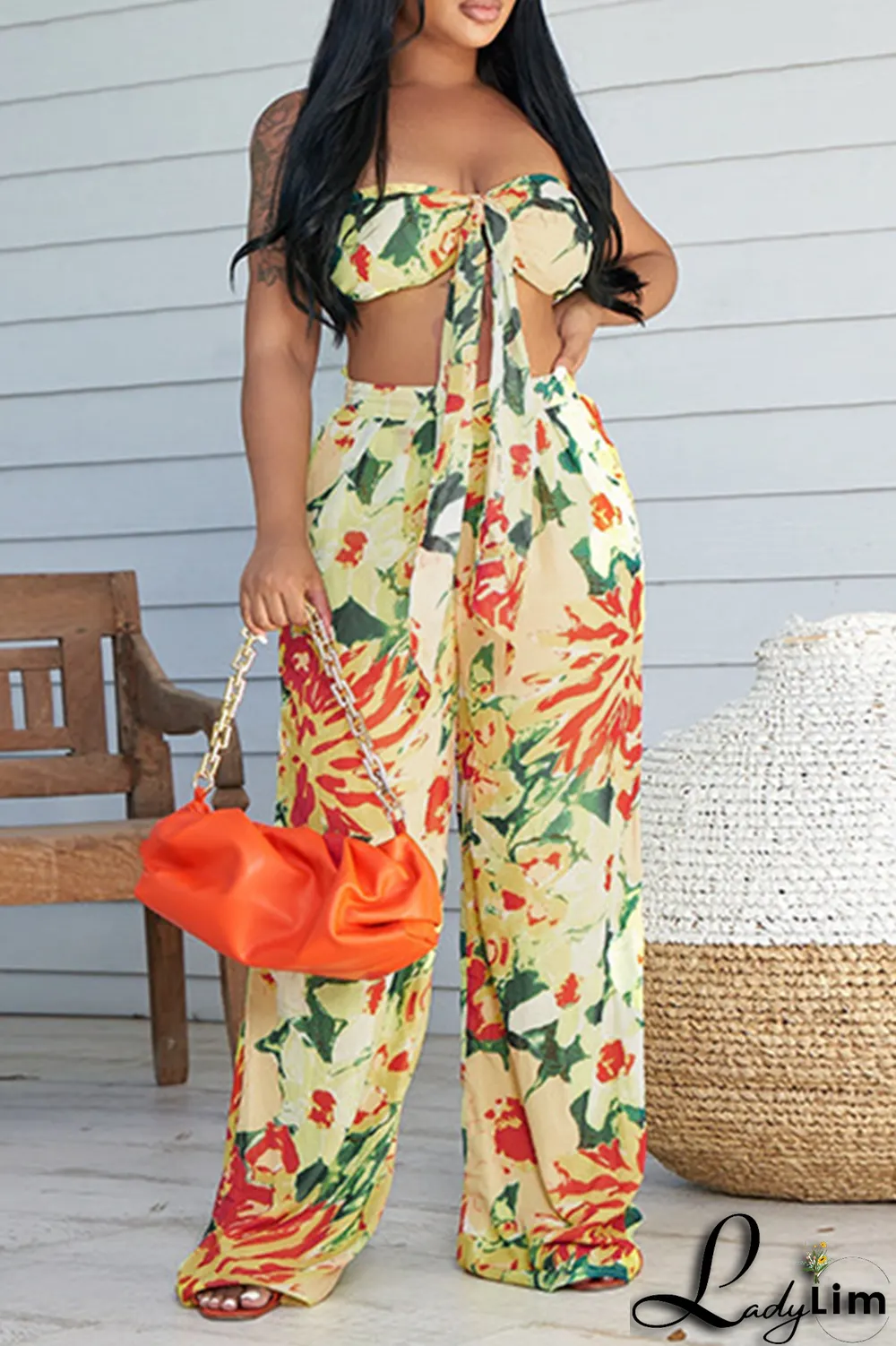 Rose Red Casual Print Patchwork Strapless Sleeveless Two Pieces