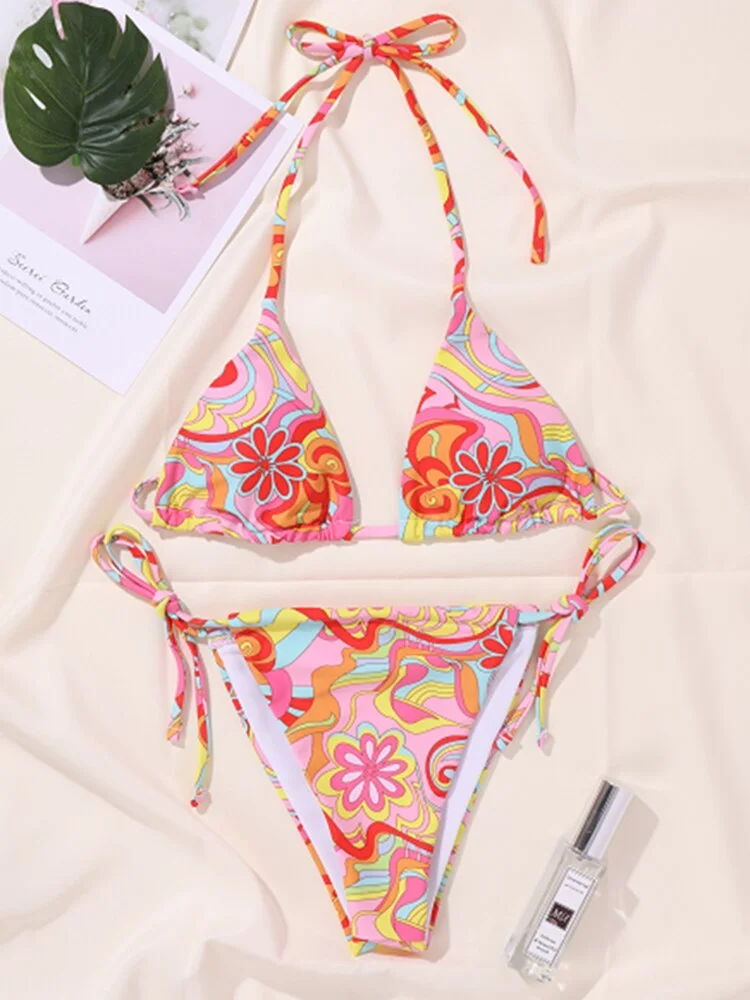 Peachtan Print bikini 2021 Triangle swimsuit women Halter swimwear female Brazilian swimming suit Sexy bathing suit string sexy