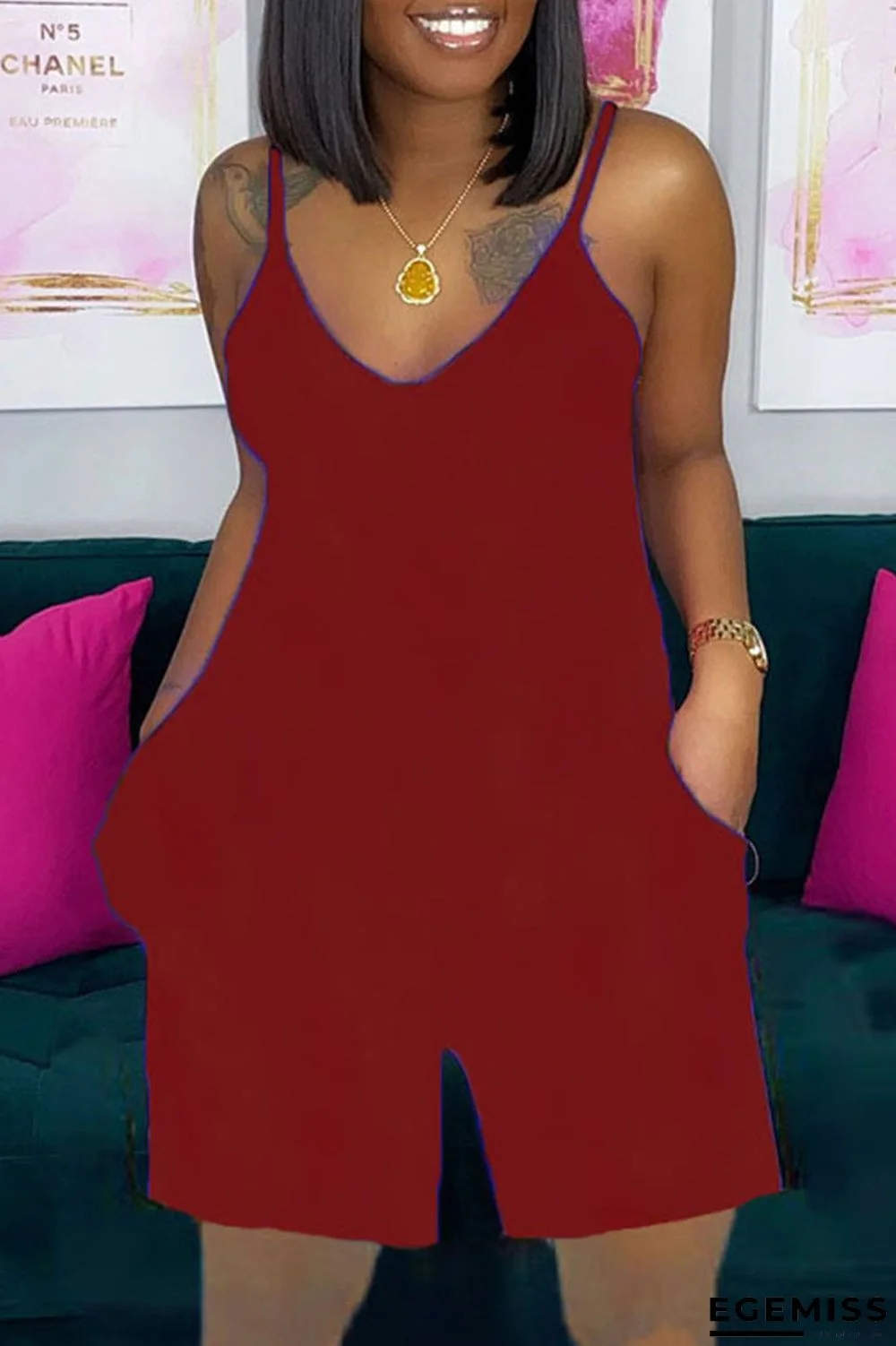 Burgundy Casual Solid Patchwork Spaghetti Strap Loose Jumpsuits | EGEMISS