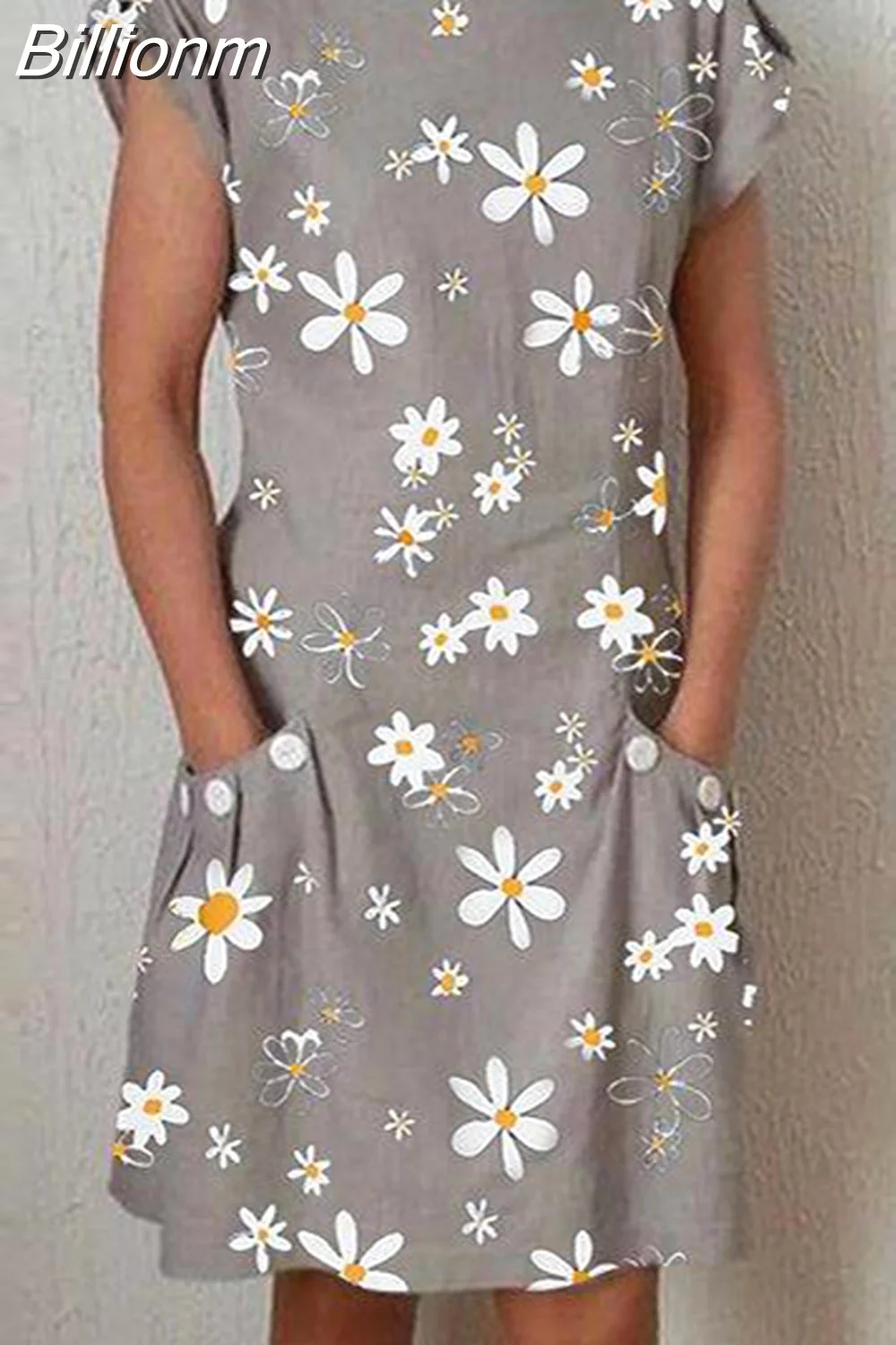 Billionm Color Button O Neck Cotton Linen Summer Dress Women Vintage Short Sleeve Pocket Knee Dress Casual Loose Plus Size Dresses