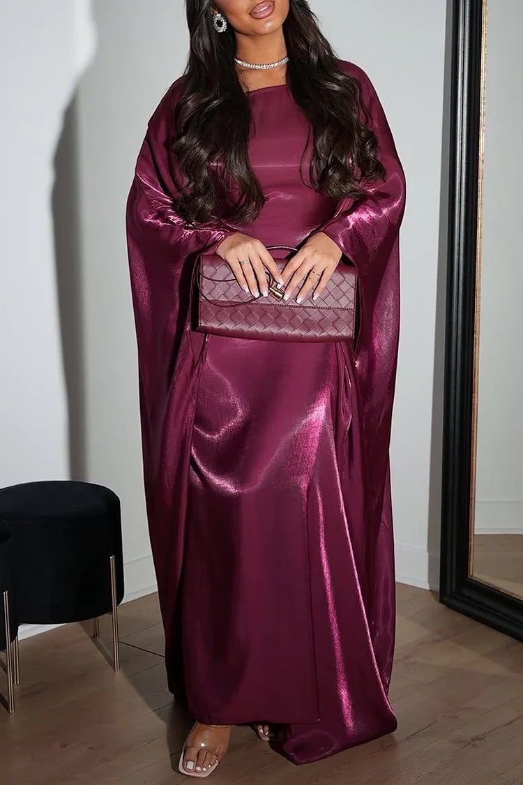 Round Neck Batwing Sleeve Tie Up Solid Color Kaftan Maxi Dresses