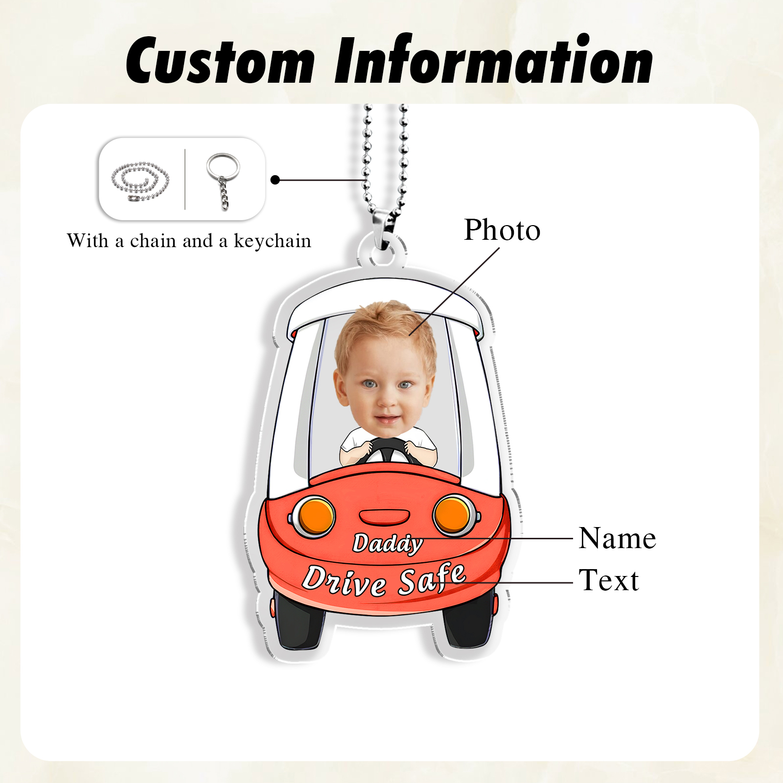 Personalised Car Acrylic Hanging Ornament Custom Photo & Text & Name Keychain Pedant Gift for Family-Jessemade AU