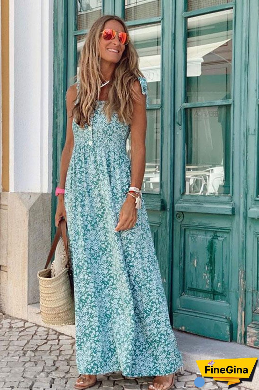 Mini Floral Button Down Shirred Beach Maxi Dress