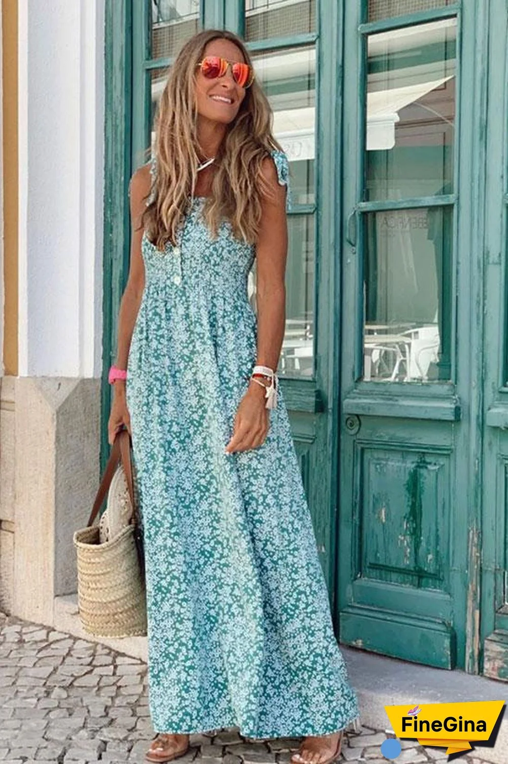Mini Floral Button Down Shirred Beach Maxi Dress