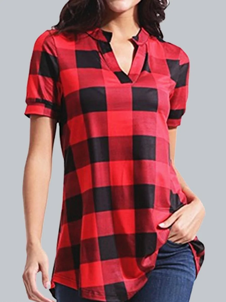Casual Check Print V-Neck Short Sleeves Blouse | EGEMISS