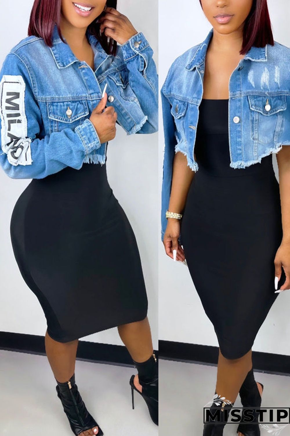 Black Casual Street Print Patchwork Buckle Turndown Collar Long Sleeve Straight Denim Jacket