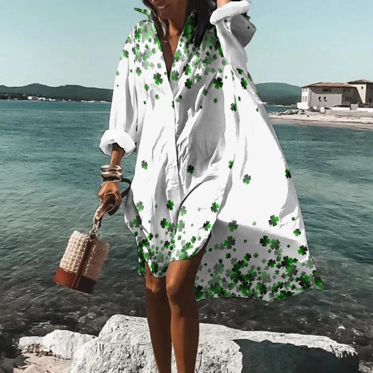 Lucky Clover Print Casual Shirt Midi Dress