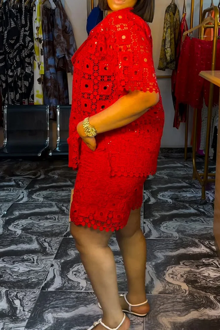 Plus Size Vacation Red Casual Round Neck Short Sleeve Pocket Two Piece Short Sets [Pre-Order]