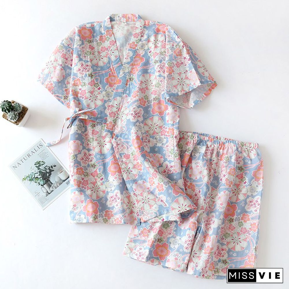 Floral Print Kimono Lace Up Pajamas Set