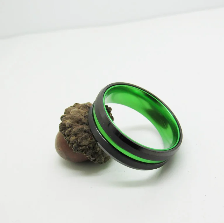 6MM 8MM Tungsten Black Inner Set Green Aluminum Couple Womens Or Mens Grooved Wedding Rings