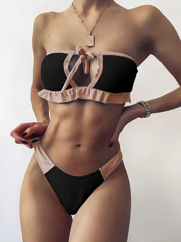 Strapless Split-Joint Bandage Hollow Bandeau Hipster Bikini Swimwear