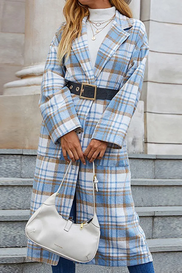 Blue and White Plaid Long Sleeve Pocket Trench Coat
