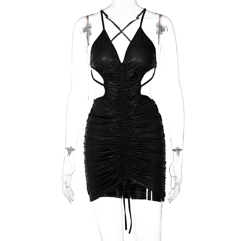 Hugcitar Solid Satin Sleeveless Backless Halter Slim Hollow Out Pleated Bodycon Sexy Mini Dress 2021 Fall Women Elegant Party