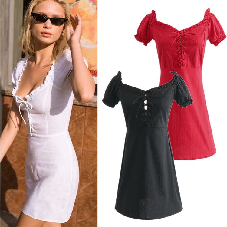 Summer Sexy Low-cut Square Collar Lace Up Wooden Ear High Waist Slimming Women's Dress Short Skirt