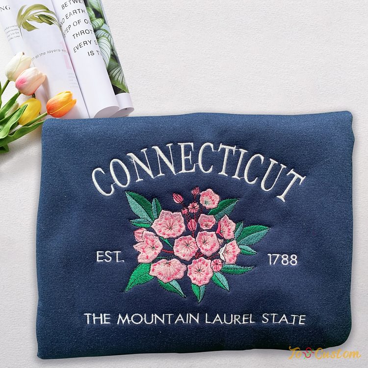 TOSCUSTOM™ Embroidered Floral Sweatshirt Connecticut State 1788 Mountain Laurel