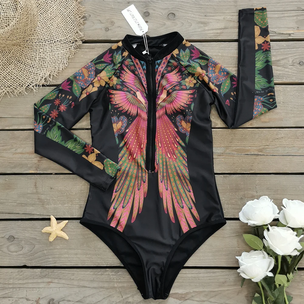 Churchf 2025 New Swimsuit Women's Sense Sports Long-Sleeved Printed Surf Swimsuit